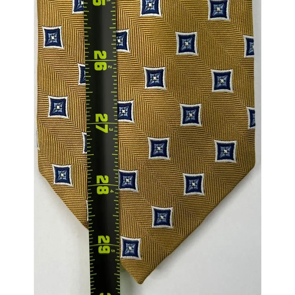Jos A Bank 100% Silk Tie Gold Blue Geometric Herringbone Classic